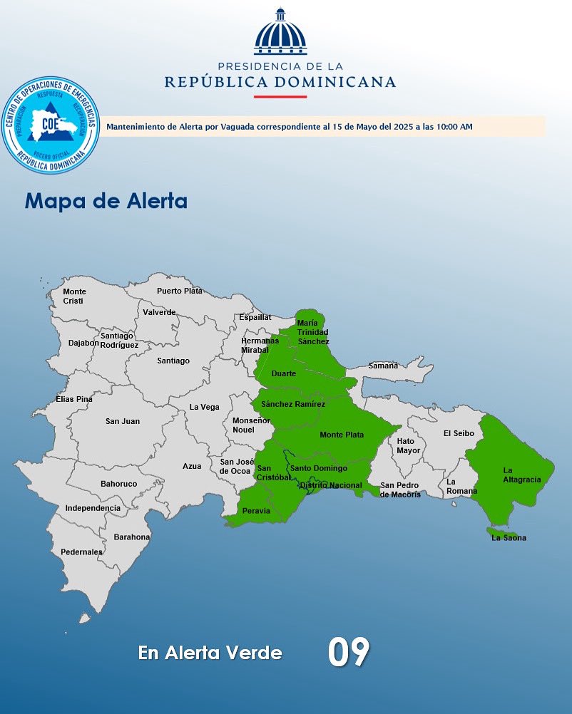 Una vaguada ubicada en la porción oriental de Cuba y en combinación con la humedad incrementará las lluvias a partir de este jueves sobre el territorio dominicano, donde se han colocado nueve provincias bajo alerta, incluyendo al Gran Santo Domingo.