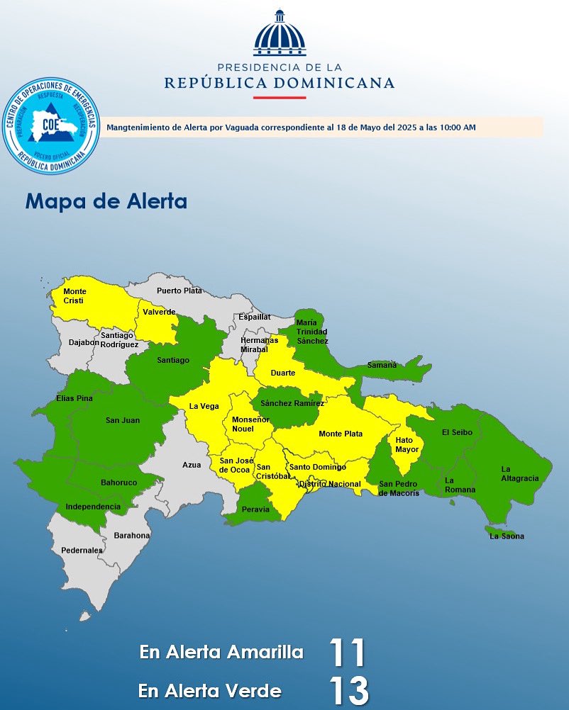 El Centro de Operaciones de Emergencias (COE) mantiene para este domingo a 11 provincias bajo alerta amarilla y 13 en alerta verde debido a los efectos de las lluvias que han provocado inundaciones urbanas y rurales, crecidas de ríos, arroyos y cañadas, así como deslizamientos de tierra.